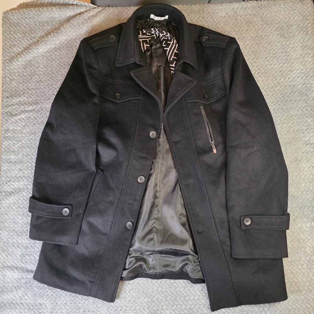 Men's Collection Black Wool Blend Pea Coat Jacket Mens 2XL 80% Wool Overcoat